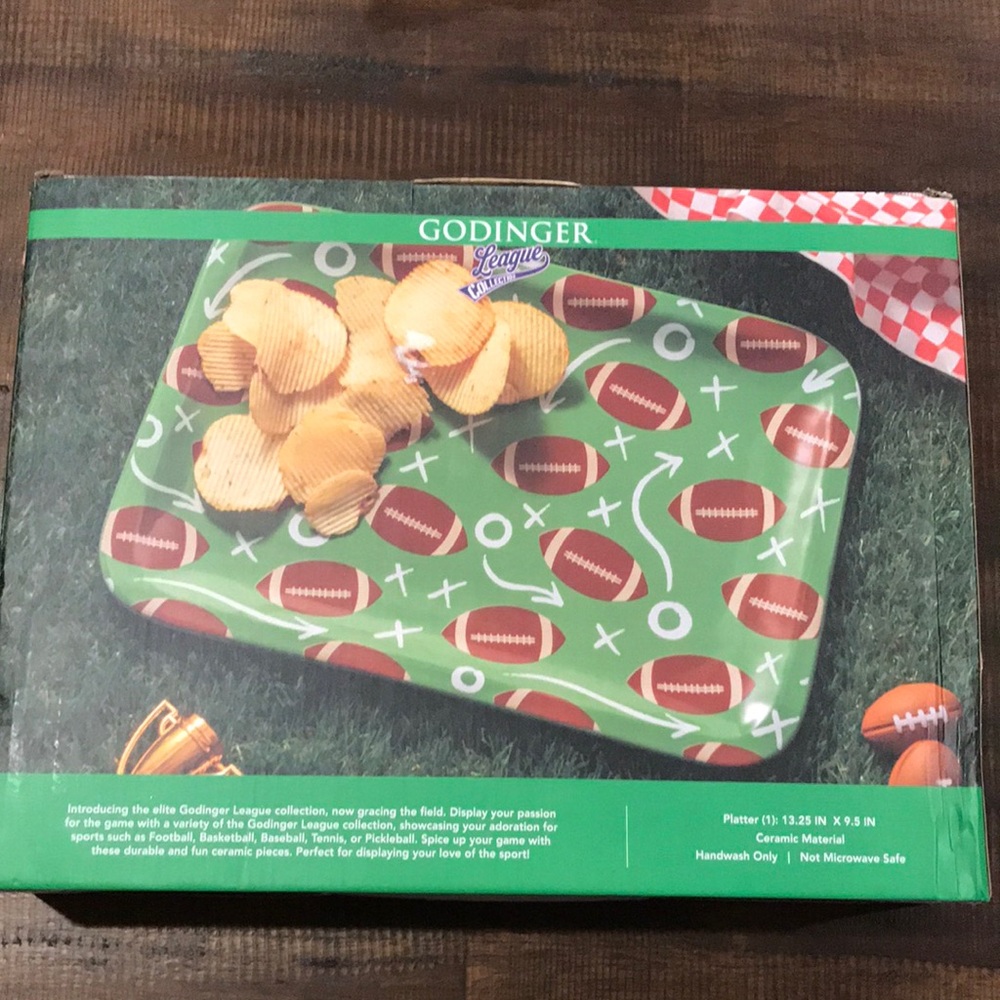 Godinger NIB Green Football Party Tray - Ceramic Serving Tray